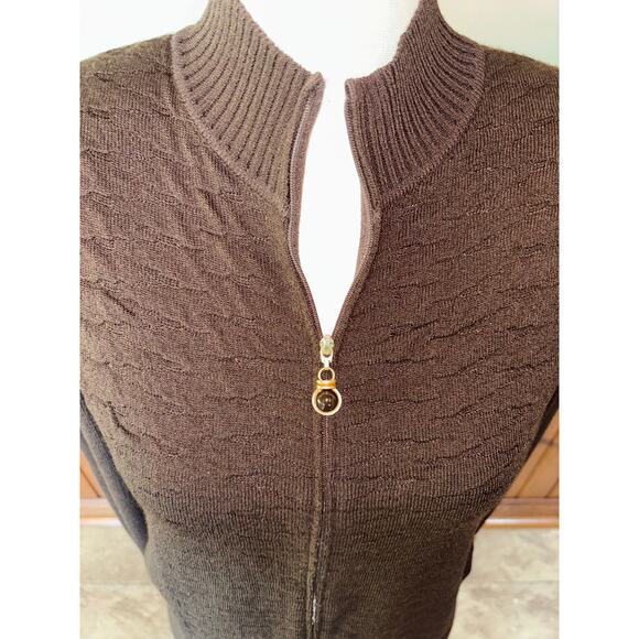 Womens St. John Brown‎ Textured Pique Knit Full Zip Cardigan Sweater Buttons 6 - Picture 4 of 10